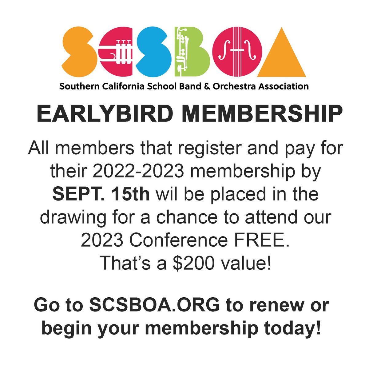 SCSBOA Earlybird membership drawing.
scsboa.org