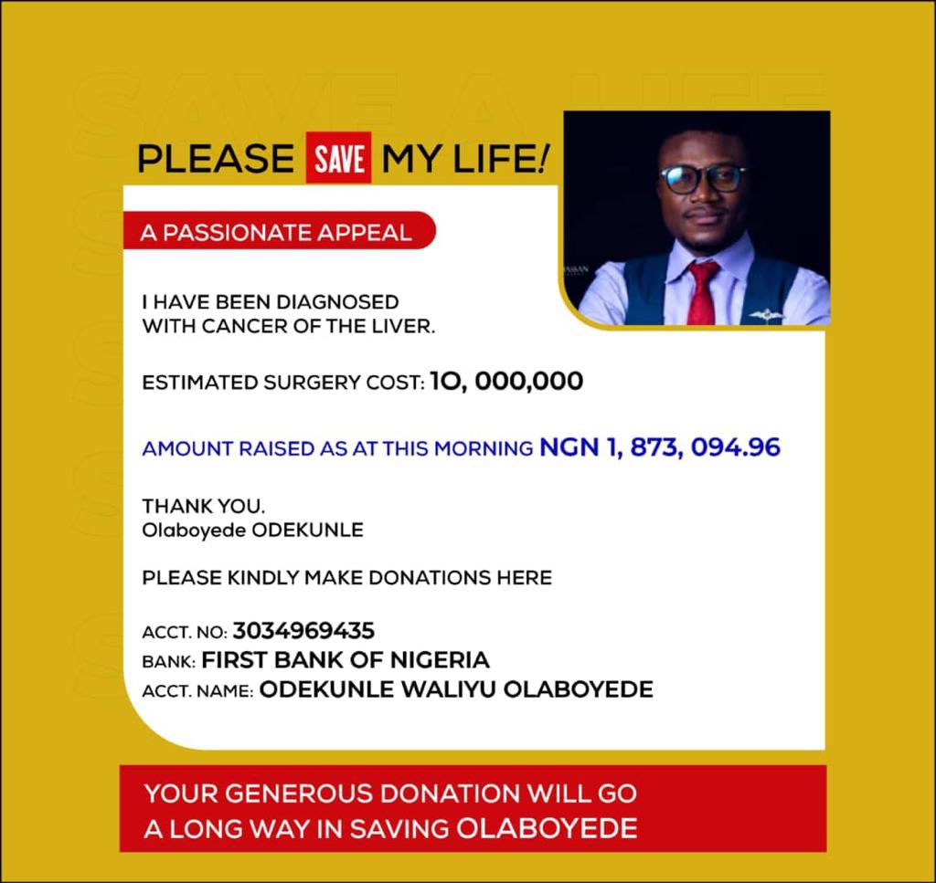 Boyemrloverboy's tweet photo. @clinicalkai Please help me retweet and tag my helpers. Your generosity will be appreciated as well. LIVER CANCER WILL NOT BE YOUR PORTION IN JESUS NAME

https://t.co/ioV5pKVP9C - Pounds

https://t.co/9sUyM2JrN5 - Dollars

3034969435. Odekunle Waliyu Olaboyede. First Bank Plc - Naira Account https://t.co/ztCJl1JBWg