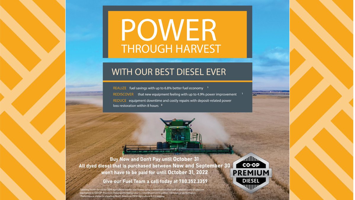 Power through Harvest... Buy Now and Don’t pay until October 31.  All dyed diesel that is purchased between now and September 30 won’t have to be paid for until October 31, 2022. Give our Fuel Team a call at 780.352.3359
.
#harvest #farm #fuel #diesel