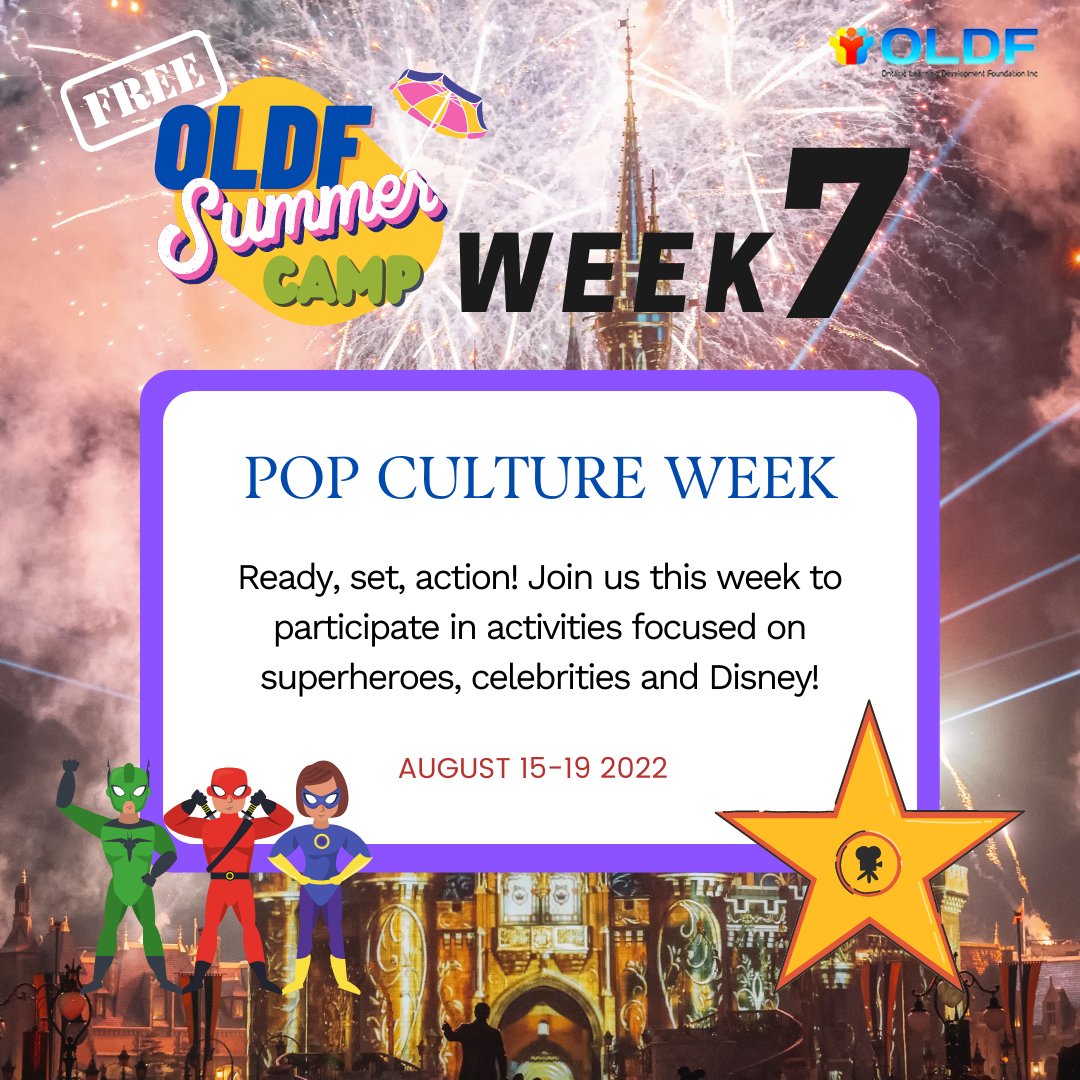 OldfInc's tweet photo. It is the final week of our virtual summer camp! ☀️
The theme of week 7 is: Pop Culture!

Ready, set, action! Activities focused on superheroes, celebrities, and the world of Disney!

#oldf #summercamp #virtual #gtatutors #learn #community #virtualcamp2022 #week7camp https://t.co/solfpy3GEz