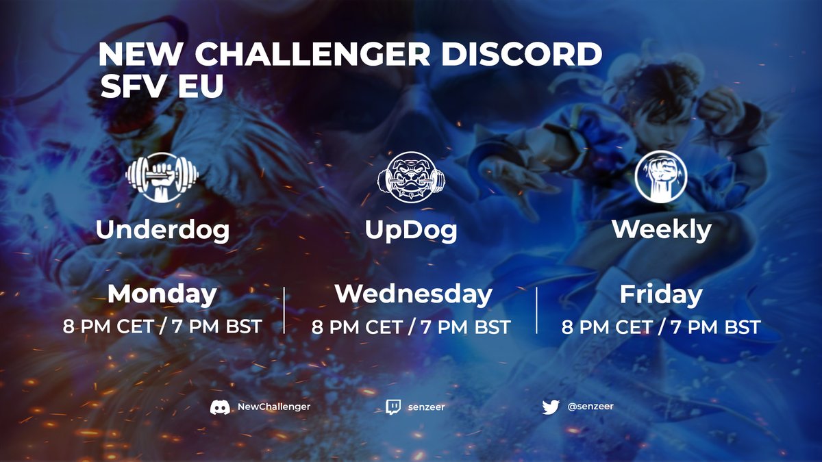Hey! 
New Week! New Tournaments! 
For this week:

Tonight: Underdog #6 (Ultra Gold and below)
newchallenger.challonge.com/UD6

Wednesday: UpDog #1 (Diamond and below)
newchallenger.challonge.com/UpD1

Friday: Weekly #16
newchallenger.challonge.com/NchEU16

We about to have a great week!