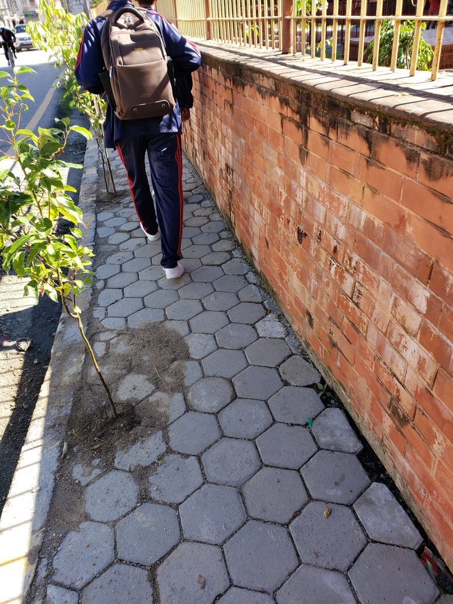 Anand_Chau's tweet photo. An already narrow #pedestrian area; now it's hard for 2 people to pass. Please think of regular users like porters, elderly, differently abled people and not just vehicle users passing by. Please find better places to plant trees. #Kathmandu https://t.co/iKXxYoPxJi