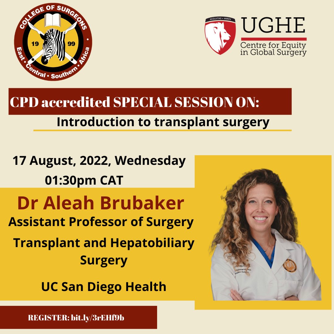 COSECSA and CEGS Inaugural online Lecture series concludes this Wednesday 17th with a lecture from Dr Aleah BRUBAKER on Transplant Surgery, starting from 2.30PM East African Time. Please join this concluding Lecture Series through: bit.ly/3O0Uvhn