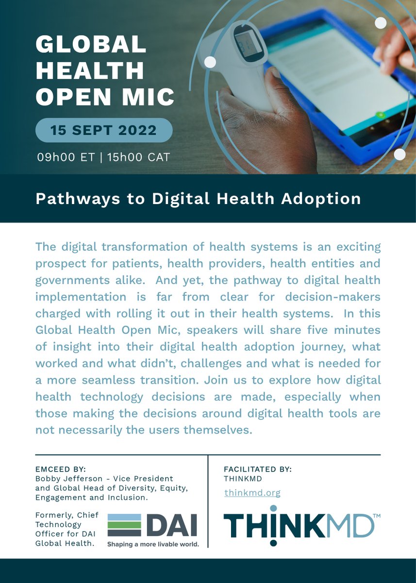 THINK_md's tweet photo. Our next #GlobalHealth Open Mic is taking place on 15 Sept & we are talking about #DigitalHealthAdoption. Sign up today: https://t.co/XJh77FxEZZ https://t.co/mgO9E80oiC