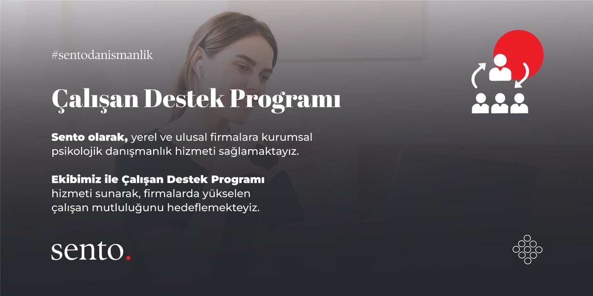 SentoKurumsal's tweet photo. Sento olarak, yerel ve ulusal firmalara kurumsal psikolojik danışmanlık hizmeti sağlamaktayız. ✨

Ekibimiz ile Çalışan Destek Programı hizmeti sunarak, firmalarda yükselen çalışan mutluluğunu hedeflemekteyiz.   🌱

#çalışanmutluluğu #KurumsalPsikoloji 
#psikolojikdanismanlik https://t.co/XCkbNaw4a3