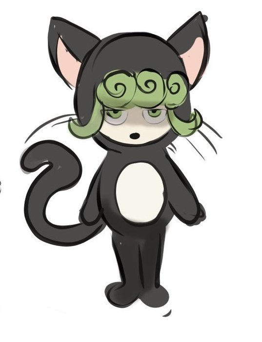 Tatsbuki's tweet photo. La pareja de Tatsumaki le compró un suit de gatita el cual le quedaba bastante cute

Por regalarle eso la pequeña le mando una fotito a su novio 💚 https://t.co/lbcxgUwD7W