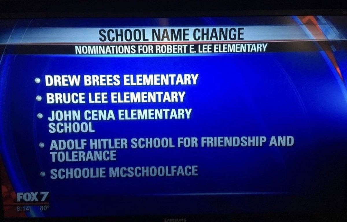 GeorgeResch's tweet photo. This is what happens when you let the students submit new names for their school https://t.co/bAtY7sJqjw