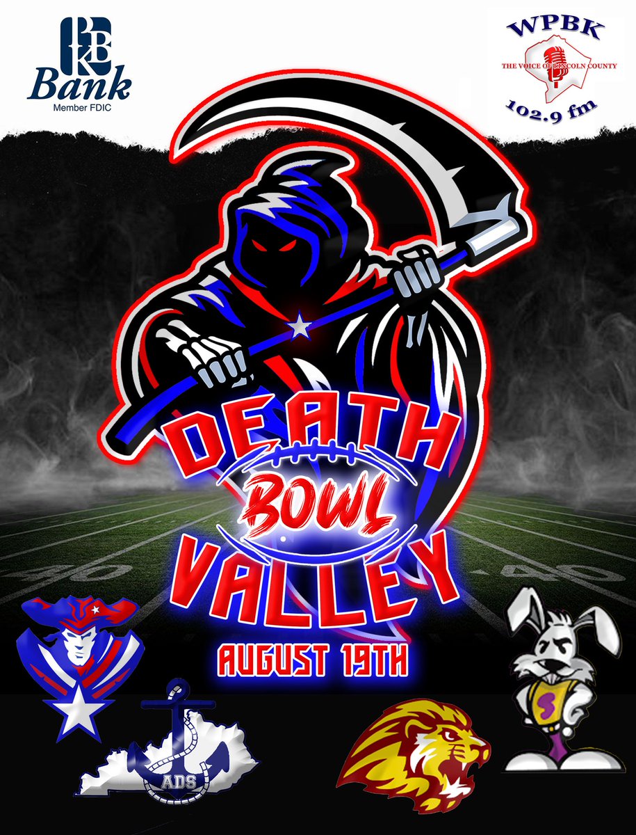 LCFB_Recruiting's tweet photo. 🚨🏈☠⌛...IT'S PBK BANK/ WPBK-FM DEATH VALLEY BOWL WEEK!!!
☠Game 1: 6PM
🦁GARRARD VS 🐰SOMERSET
☠Game 2
⚓DANVILLE VS 🇺🇸LINCOLN
@LC_Patriots @joshjagg @LCHS_PatNation @ChaseMarcum548 @jeffreyelias06 @brysonyaden7 @ebayguruEric @wpbktim #BELIEVELC #DVB #PBKBANK #WPBKFM https://t.co/6iiqMnM10q