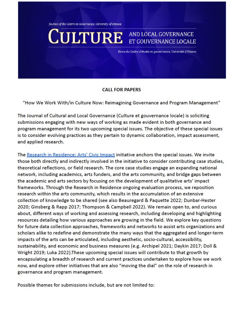 paquettej123's tweet photo. Call for papers. Culture and Local Governance is preparing a special issue on #culturallabour and forms of cultural work. https://t.co/qMQwbjKcjy
A special issue in collaboration with @massculture_
#culturalpolicy #artsmanagement https://t.co/KFv7DrgkAR