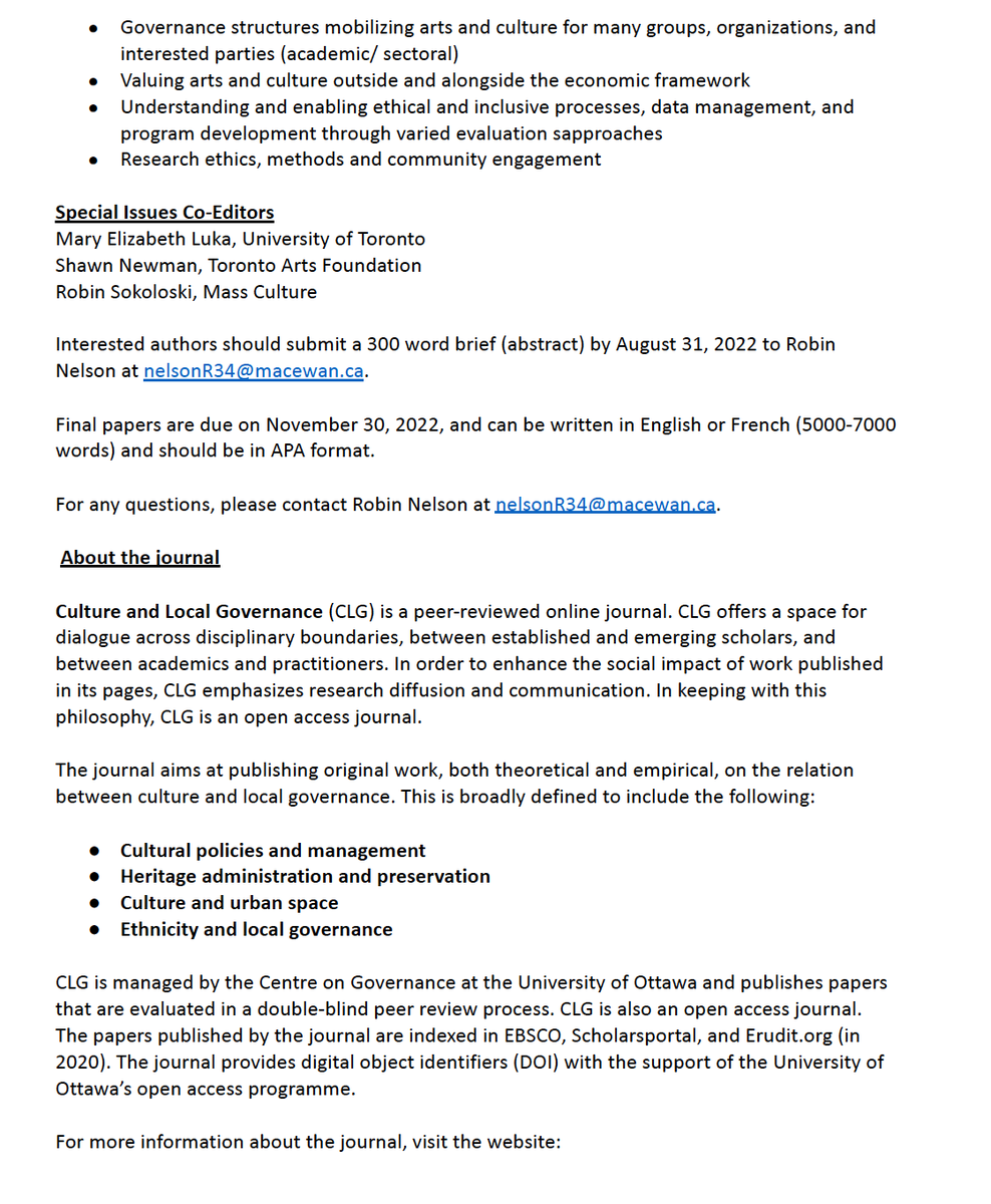 paquettej123's tweet photo. Call for papers. Culture and Local Governance is preparing a special issue on #culturallabour and forms of cultural work. https://t.co/qMQwbjKcjy
A special issue in collaboration with @massculture_
#culturalpolicy #artsmanagement https://t.co/KFv7DrgkAR