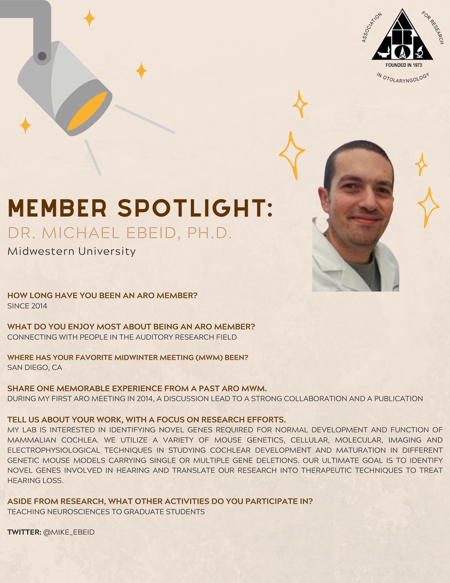 This weeks ARO member spotlight is Dr. Michael Ebeid, Ph.D. (<a href="/Mike_Ebeid/">MEbeid</a>), at Midwestern University!

Read more about Dr. Ebeid here - aro.org/member-spotlig…

Want to be spotlighted? Submit your info here -  aro.societyconference.com/v2/?conf_id=10…