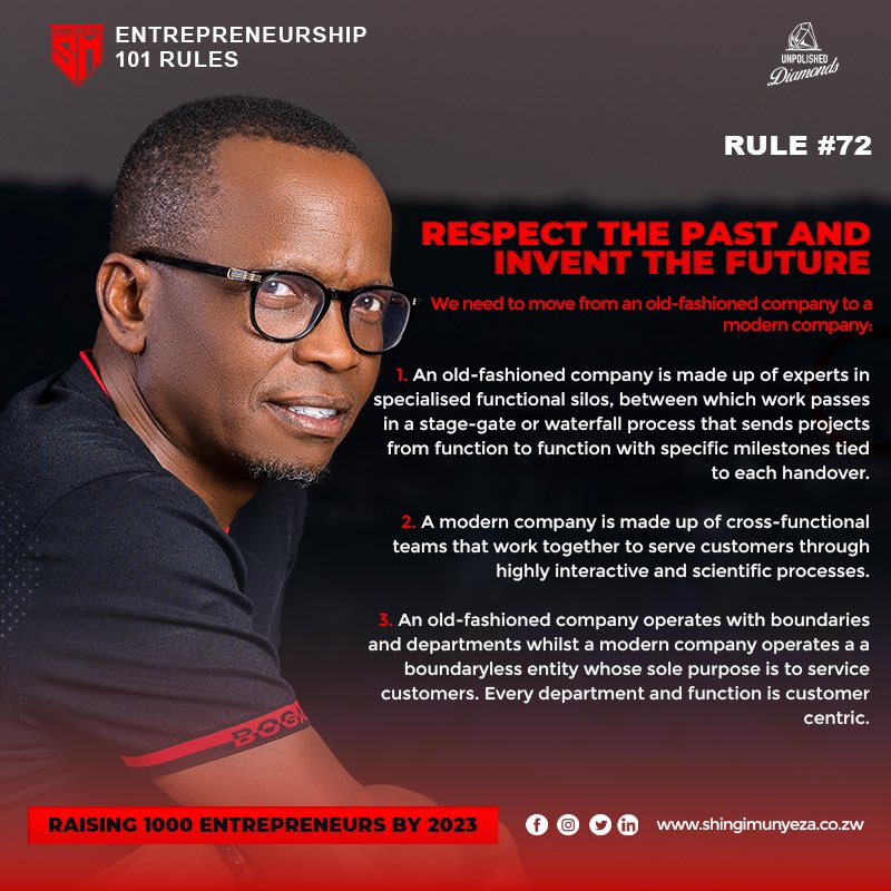 #ENTREPRENEURSHIP101RULES 

#72 RESPECT THE PAST AND INVENT THE FUTURE

1. Many of us are still caught up in the old-fashioned type of company model, it’s now archaic!
2. Every department is a customer service department!