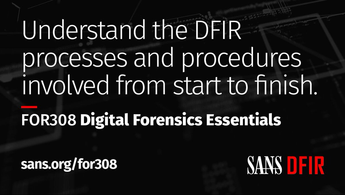 SANSInstitute's tweet photo. FOR308 Digital Forensics Essentials provides the necessary knowledge to understand the Digital Forensics and Incident Response disciplines.

Try the course demo to see if it's right for you: https://t.co/Pa5EyuJPHS

Learn more about #FOR308: https://t.co/kHC3U4L6tI https://t.co/N54vifToGO