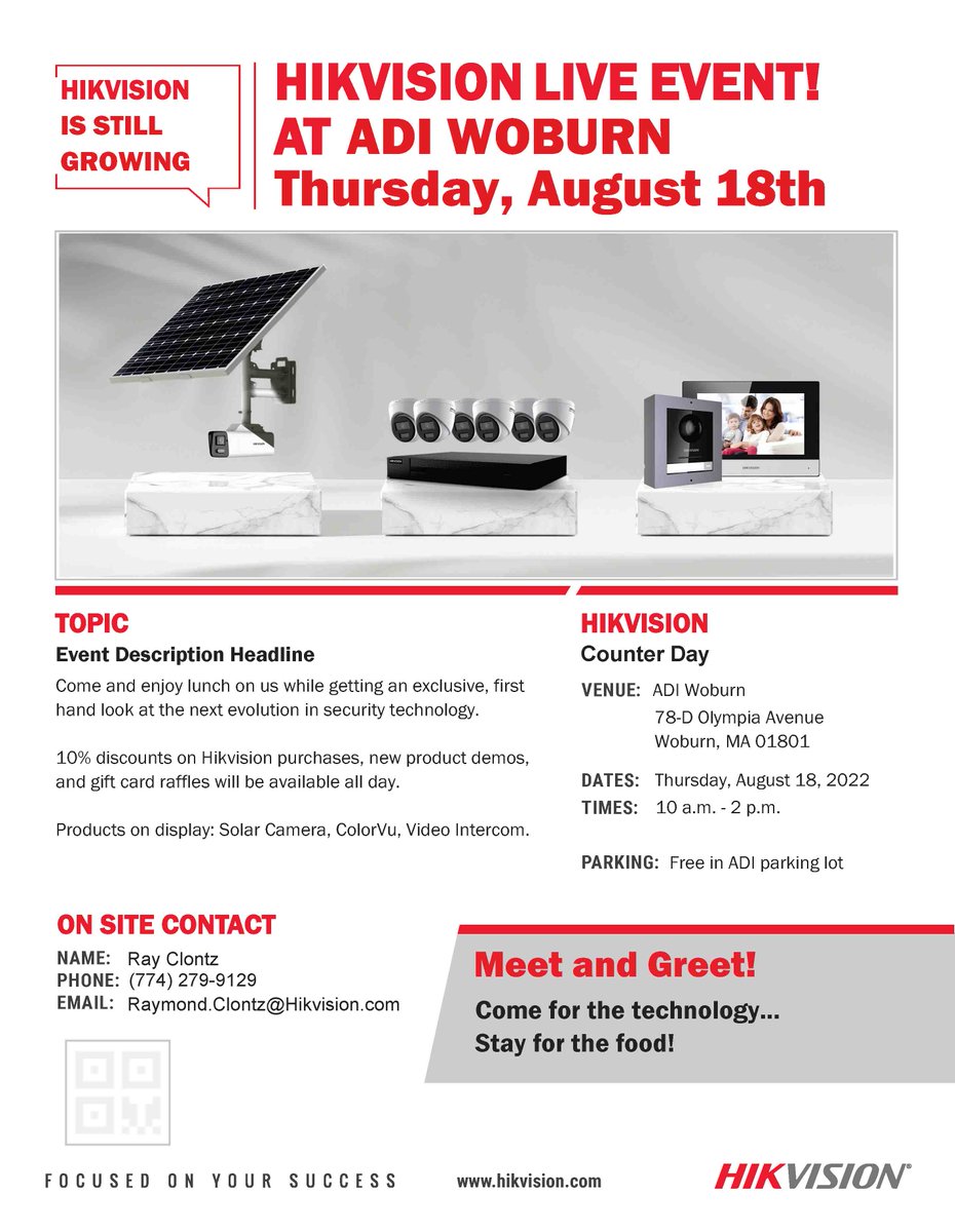 HikvisionUSAinc's tweet photo. Contact your #Hikvision Sales Representative today to reserve your spot for this limited time event at ADI in Woburn, MA. Come get an exclusive firsthand look at the next evolution in security technology. Download the flyer now to learn more! #heretostay #counterdays https://t.co/cy5JTv3Nf7