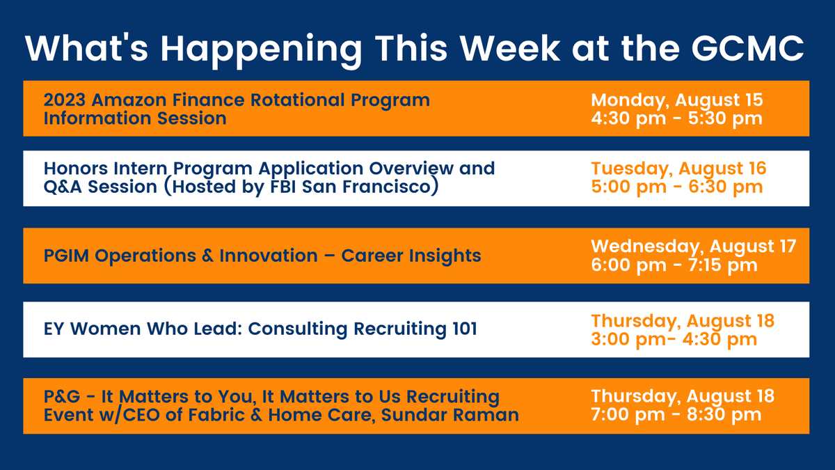 ZicklinGCMC's tweet image. Register for these events and more on Handshake! (ow.ly/p8Se50Ki1zt ) 

@amazon @FBIJobs @EY_US @PGCareersNA 
#EventsAtTheGCMC #JobSearch #InternshipSearch #BeBaruch #ZicklinPride #BaruchCollege #NYC