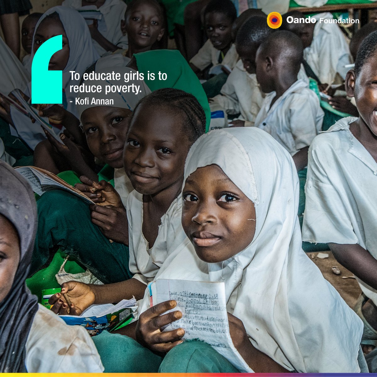 OandoFoundation's tweet photo. Without gender equity in education, the world cannot advance. If we are to succeed in our efforts to build a more healthy, peaceful and equitable world, the classrooms of the world have to be full of girls as well as boys. 

#TranformingLifeThroughEducation https://t.co/Llp4zM1Ati