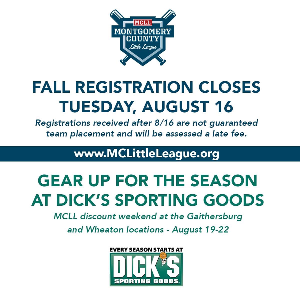 MCLLofMD's tweet photo. HURRY, only a couple of days left to register for fall ball! 

And mark your calendar for August 19-22 -- MCLL discount weekend at DICK'S Sporting Goods. 

Visit https://t.co/Ya4vdK3fzu for details. https://t.co/r4hqhThE26