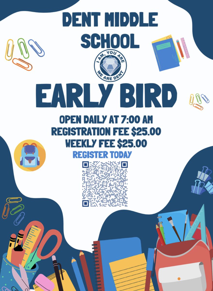 Dent Middle School (@dentmiddle) on Twitter photo The Early Bird Program fee <a href="/DentMiddle/">Dent Middle School</a> is $25.00 per child per week. Registration and payments can be made online in your Parent Portal Account. <a href="/Mewilli1/">Mewilliams</a> <a href="/MurnerTrent/">Trent Murner</a> @DSingleton_DMS <a href="/tamashford/">Tamala M Ashford</a> The Early Bird Program fee <a href="/DentMiddle/">Dent Middle School</a> is $25.00 per child per week. Registration and payments can be made online in your Parent Portal Account. <a href="/Mewilli1/">Mewilliams</a> <a href="/MurnerTrent/">Trent Murner</a> @DSingleton_DMS <a href="/tamashford/">Tamala M Ashford</a>