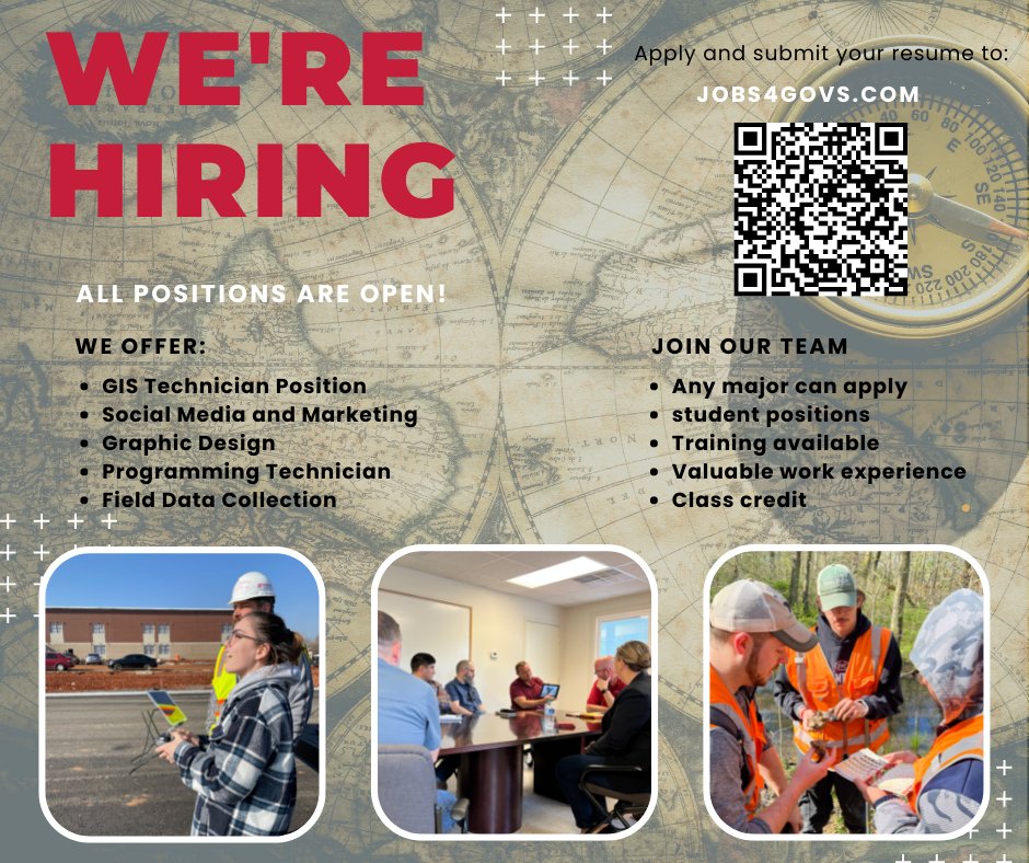 Interested in working outside??

We are looking for field workers to join our Field Team! If you think you would be a good fit you can use the QR Code below or search "GIS Center"  under Jobs4Govs! 

*Any questions can be emailed to Taylord@apsu.edu

#apsugiscenter #werehiring