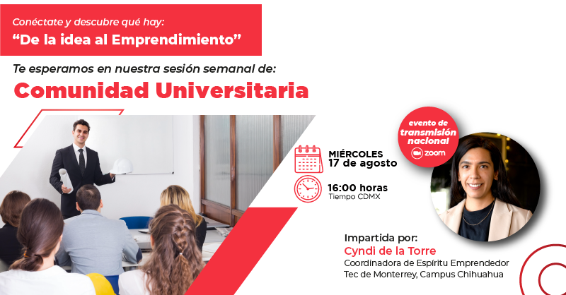 Esta semana, en la sesión de los miércoles con la Comunidad Universitaria CMIC, te platicaremos como puedes desarrollar tus ideas de negocio para que logres el éxito que buscas.

¡prepárate para el futuro hoy!

Regístrate en
cmic.org.mx/cmic/eventos/e…