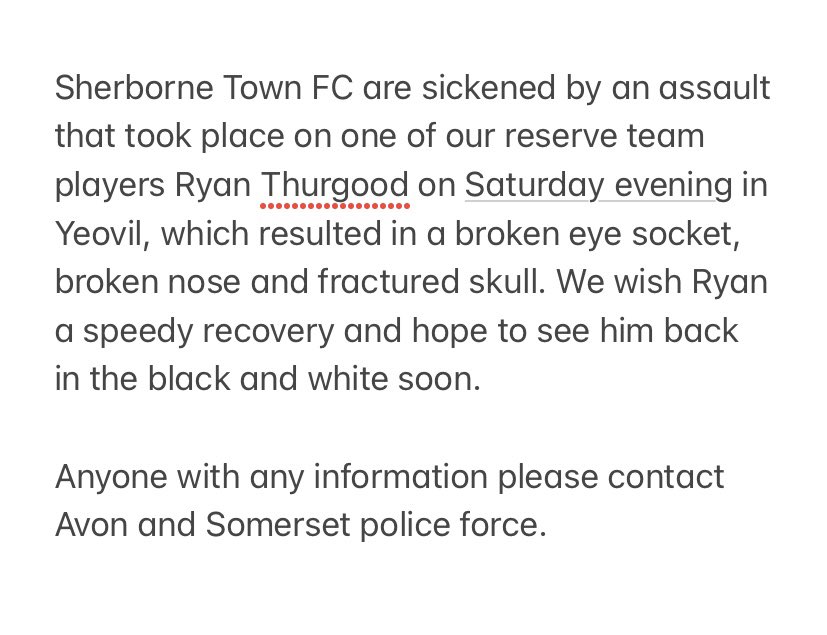 We would like to wish <a href="/RyanThurgood12/">R Y A N</a> a speedy recovery. Anyone with any information please come forward and speak to <a href="/ASPolice/">Avon and Somerset Police</a> #Zebras #COYZ #OneClub #TeamZebra