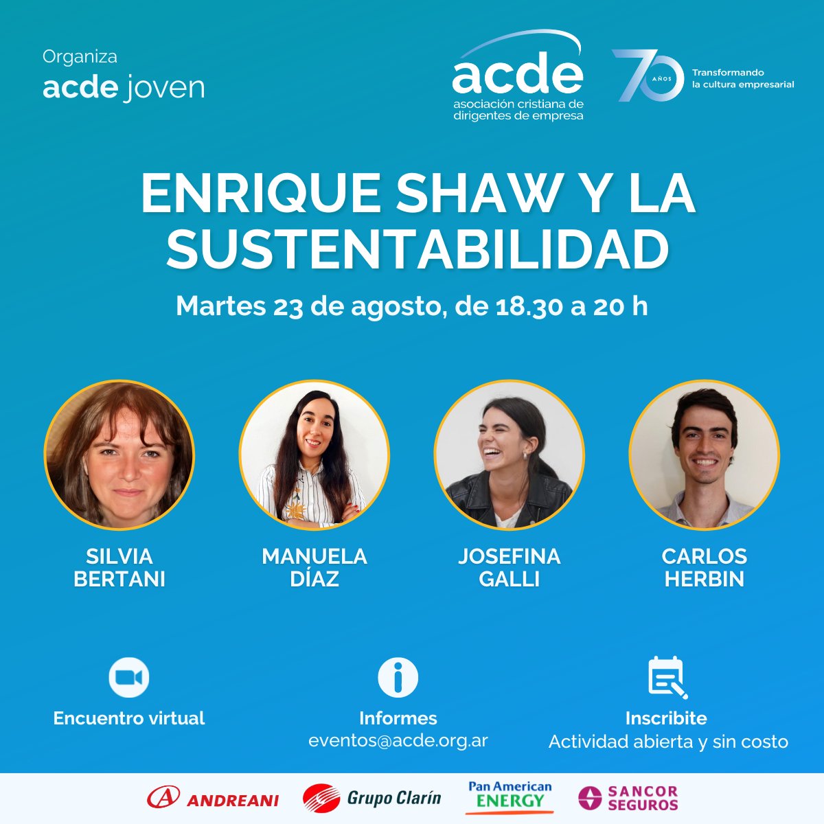 ACDEargentina's tweet photo. Participá de esta actividad con Silvia Bertani, Manuela Díaz, Josefina Galli y Carlos Herbín.

🗓️ Martes 23 de agosto, de 18.30 a 20 h
📱 Inscribite 👉 https://t.co/yJiGWHD1ns
📍 Virtual
📌 Abierta y sin costo

¡Sumate y compartilo!

#ACDEJoven50Años
@EnriqueShaw_ https://t.co/UeNVsMMsyF