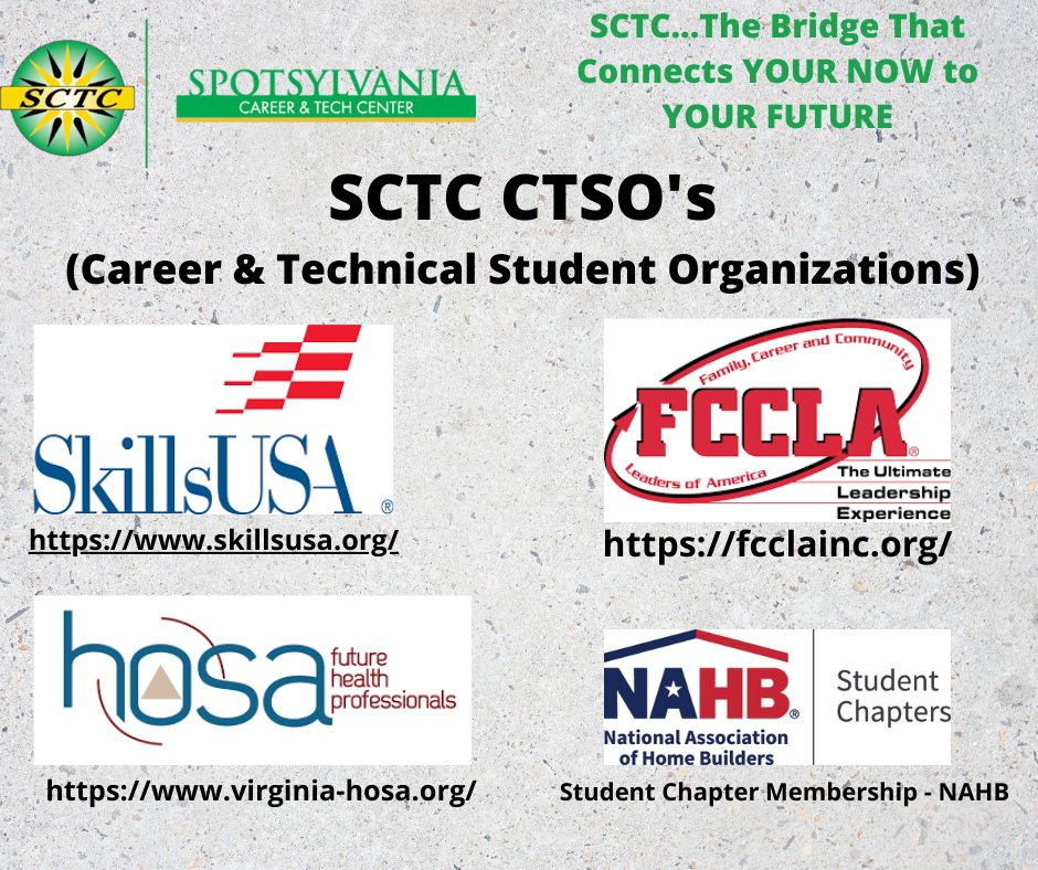 Spotsylvania Career & Tech Center (@spotsyctc) on Twitter photo <a href="/SpotsyCTC/">Spotsylvania Career & Tech Center</a> we have many Career and Technical Student Organizations for our amazing students to get involved in, including <a href="/SkillsUSA/">SkillsUSA</a>, <a href="/NationalFCCLA/">National FCCLA®</a>, <a href="/hosafhp/">HOSA</a> and National Association of Home Builders
#spotsyctc #CTE #cterocks <a href="/SpotsyCTC/">Spotsylvania Career & Tech Center</a> we have many Career and Technical Student Organizations for our amazing students to get involved in, including <a href="/SkillsUSA/">SkillsUSA</a>, <a href="/NationalFCCLA/">National FCCLA®</a>, <a href="/hosafhp/">HOSA</a> and National Association of Home Builders
#spotsyctc #CTE #cterocks