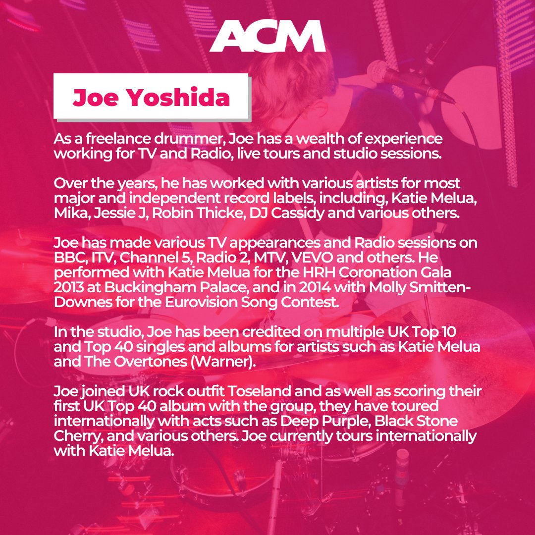 acm_uk's tweet photo. Spotlight on performance tutor, Joe Yoshida!  

Joe frequently works with artists like Mika and Katie Melua. From TV appearances to touring, Joe has done it all!

Apply to join ACM in September by clicking the 'Clearing' link in our bio!
#ThisIsACM #ACMuk #UCAS https://t.co/2Wcf2GWYmM