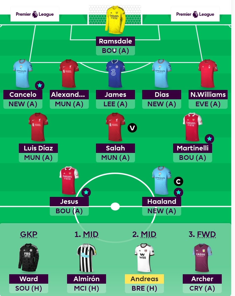 FPLCAM's tweet image. This is my team and I have 2 free transfers and I'm clueless what to use them on as I don't see any heavy problems, Think Maddison for Diaz could be a good week punt 🤔 #Fpl