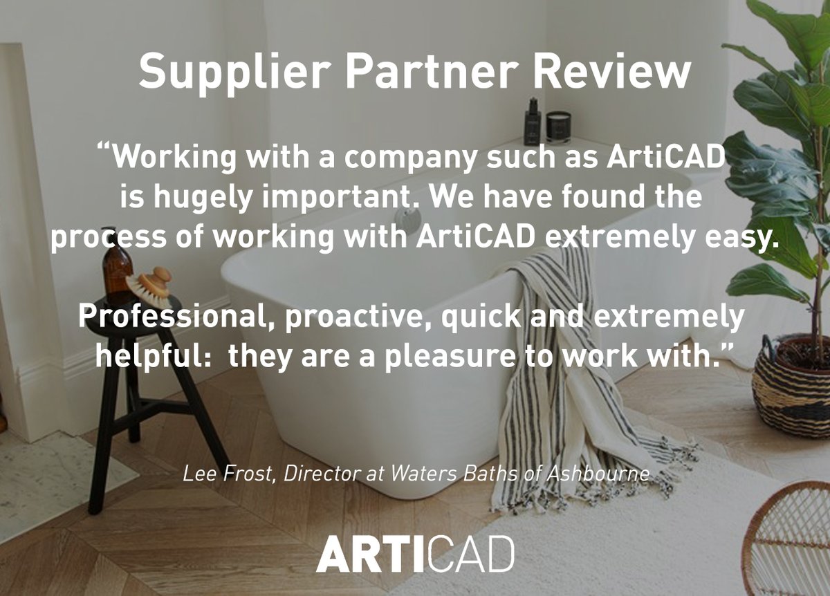 We've received lovely feedback from Lee Frost, Director at @watersbaths! #WatersBaths are the latest company to join the #ArtiCAD Supplier Partnership Programme with their full portfolio of products now available in ArtiCAD-Pro. bit.ly/3Prv9ce #customerreview