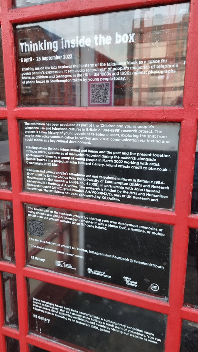 TelephonicYouth's tweet photo. Another week & another chance to visit our exhibition, #ThinkingInsideTheBox, hosted by @K6_Gallery in #Southampton.
The exhibition features artwork by The Telephonic Trio, which was on show in #DialUp @JHansardGallery this spring.
Scan the QR codes & let us know your thoughts. https://t.co/Pv0S9ri1YK
