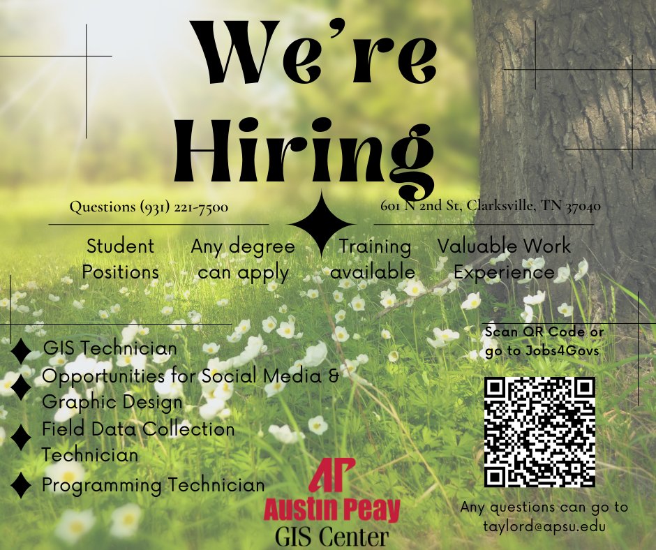 ‼Students‼

We are currently looking for Student Lab workers who can do anything from GIS technician work to IT/Programming technician work. Training provided!

If you're interested feel free to apply through Jobs4Govs searching "GIs Center" or you can scan the QR Code below!