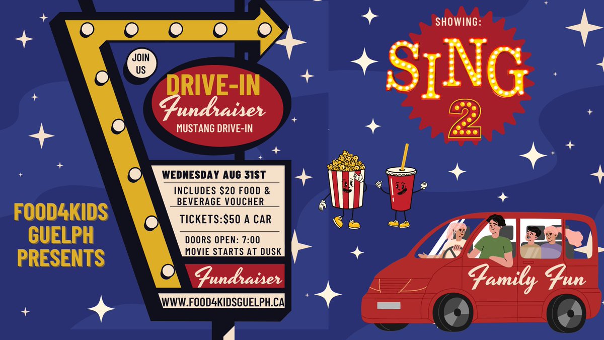 Celebrate the end of summer with us on Wednesday, August 31st for a family fun filled event at the Mustang Drive In! We will be showing the movie Sing 2. Proceeds from this event will help support our program. 
Buy tickets here: canadahelps.org/en/charities/f…