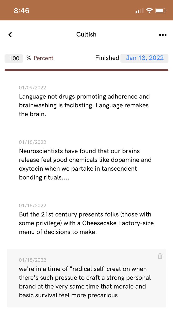Language is power. 

Reflecting on Cultish by @AmandaMontell this morning, prompted by <a href="/ellieINchicago/">Ellie Bahrmasel</a> checking out my recommendation on <a href="/Italic_Type/">Italic Type</a>. 

1st note from my book board: "It is language, not drugs promoting adherence and brainwashing. Language remakes the brain." 🤯