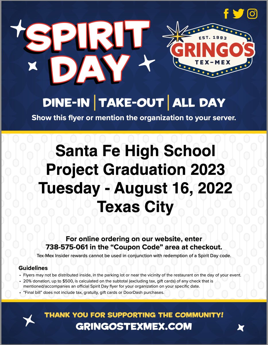SantaFeISD's tweet image. 🌮😎🌮
Do you have dinner plans for Tuesday?  Well, leave the cooking to Gringo&apos;s and help out our seniors! @SantaFeTEXASHS 
#projectgrad #santafe #communitysupport