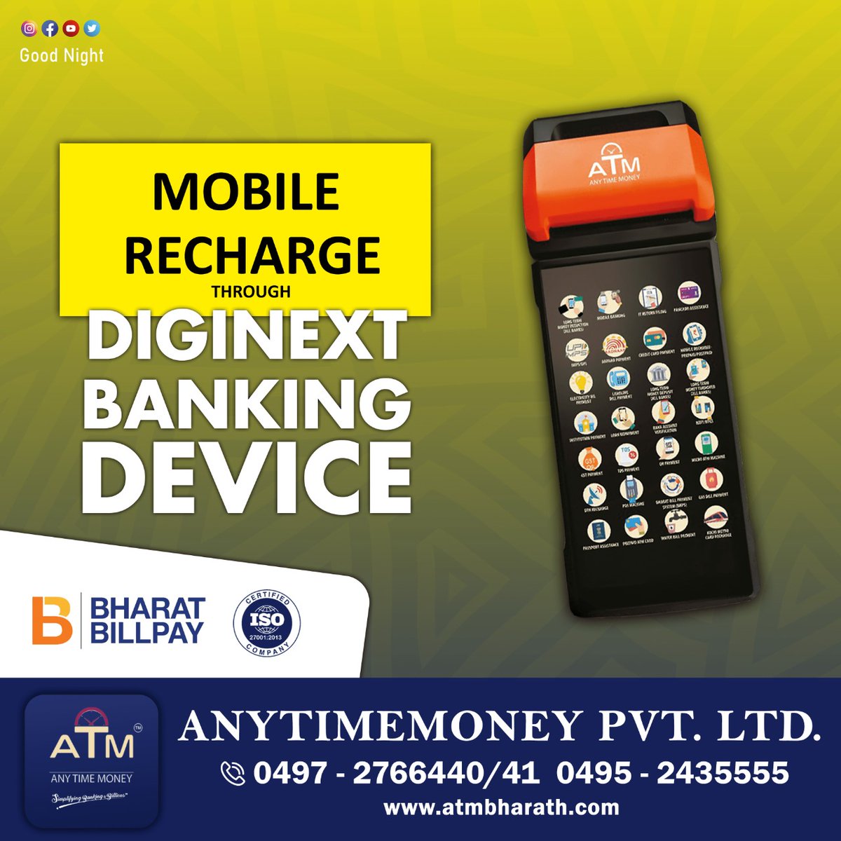 Anytimemoneyltd's tweet photo. MOBILE RECHARGE THROUGH DIGINEXT BANKING DEVICE. Book your device now itself.
Email  : customercare@atmbharath.com
Website : https://t.co/bD0eKVRlzd 

#atm #diginextbankingdevice #bbps #pos #microatm #dmts #doorstepdelivery #doorstep #fintech #mtss #financialservices #franchise https://t.co/ihURwuWzgu