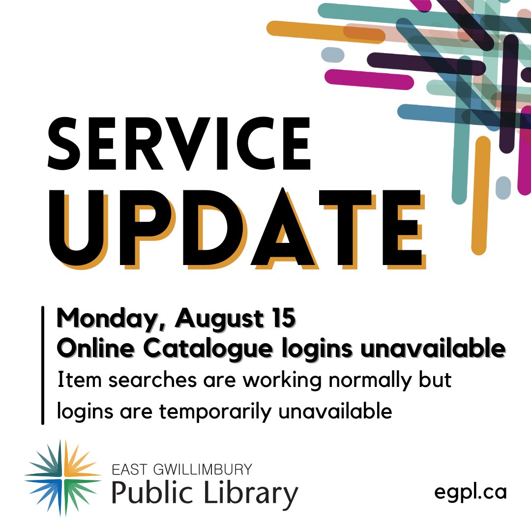 We are currently seeing errors pop up when you enter your correct library card and PIN into our online catalogue. We have discovered the cause of the issue and are working with our vendors to get everything up and working as soon as possible.