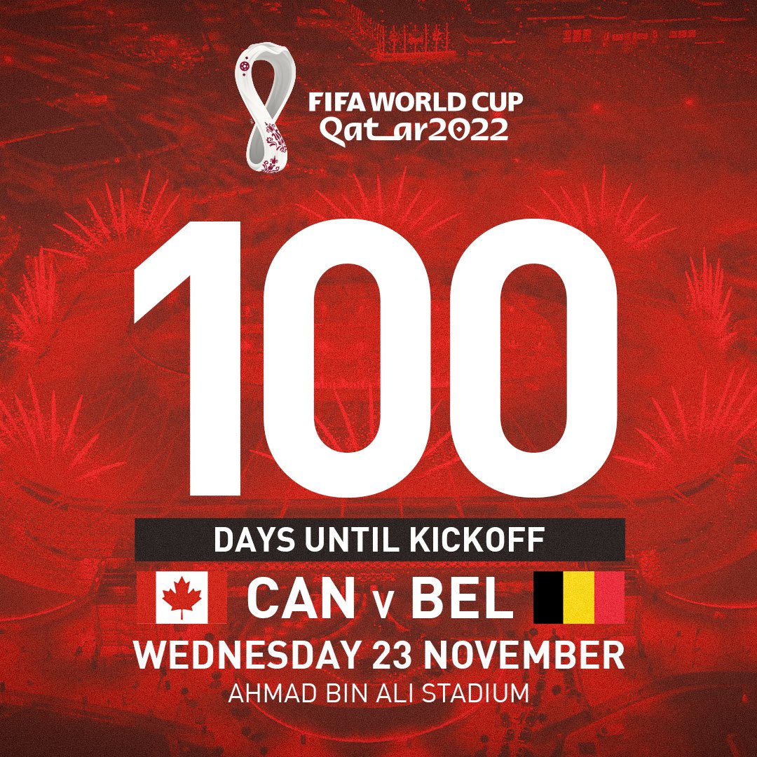 CanadaSoccerEN's tweet photo. The countdown is ON ⏰

Just 100 days to go until #CANMNT kickoff the @FIFAWorldCup Qatar 2022! 🏆

#WeCAN #FIFAWorldCup https://t.co/xpjzlkpBWT