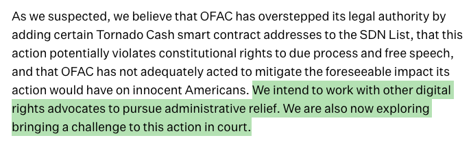 We believe OFAC has exceeded its statutory authority by sanctioning the Tornado Cash smart contract. Coin Center is exploring a court challenge. coincenter.org/analysis-what-…