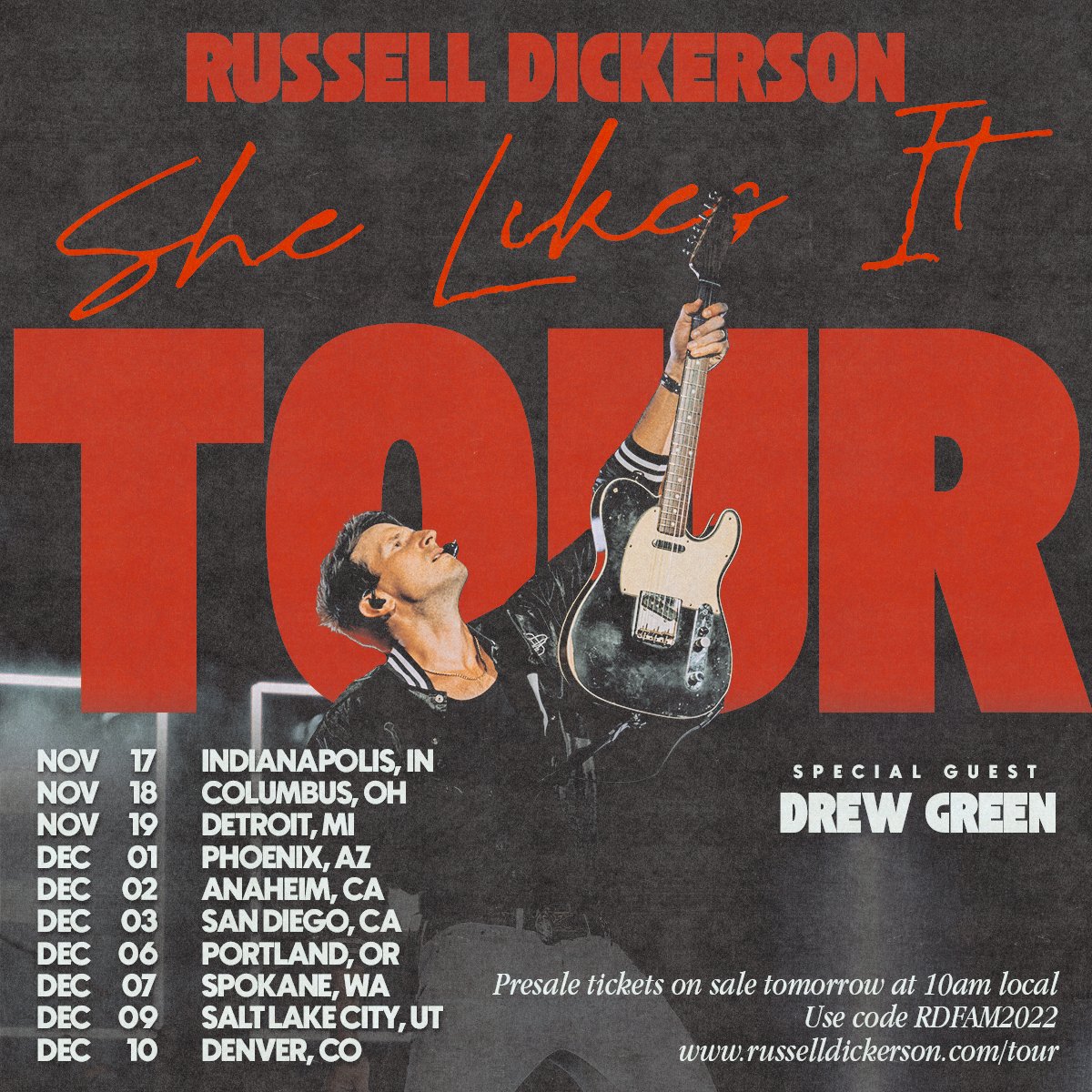 russelled's tweet photo. Couldnβt end the year without hitting the road one more time! Catch us out on the #SheLikesItTour with my boy @DrewGreenMusic! #RDFam presale starts TOMORROW at 10am local with code RDFAM2022 πͺπ» https://t.co/EarzR5HmGT https://t.co/TQsL9dk9j8