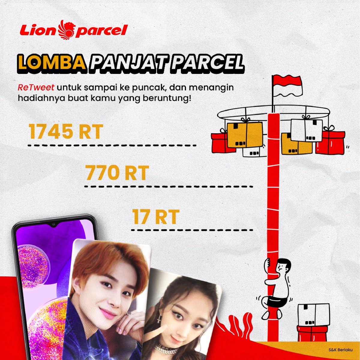 lionparcel_'s tweet photo. LOMBA PANJAT PARCEL!
Bantuin Murahmat untuk manjat yuk!
Makin banyak retweetnya, makin tinggi si Murahmat manjatnya!

Ada Samsung Galaxy A23 dan Photocard Jungwoo NCT 127 + Giselle Aespa, utk kalian yg udah retweet dan beruntung!
Mimin tunggu sampai 20 Agustus yah!
#LionParcel https://t.co/Iym7n7ZZjZ