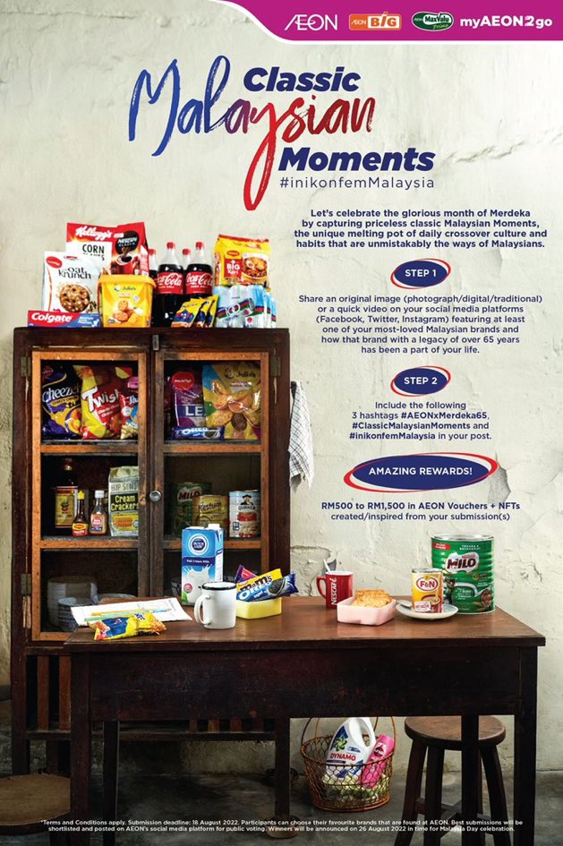 shxhrxlxr's tweet photo. Hey hey only 3 simple step to win up to RM 1500!

Submit yours! 

#AEONxMerdeka65 #ClassicMalaysianMoments #inikonfemMalaysia https://t.co/VeTAC50dc0
