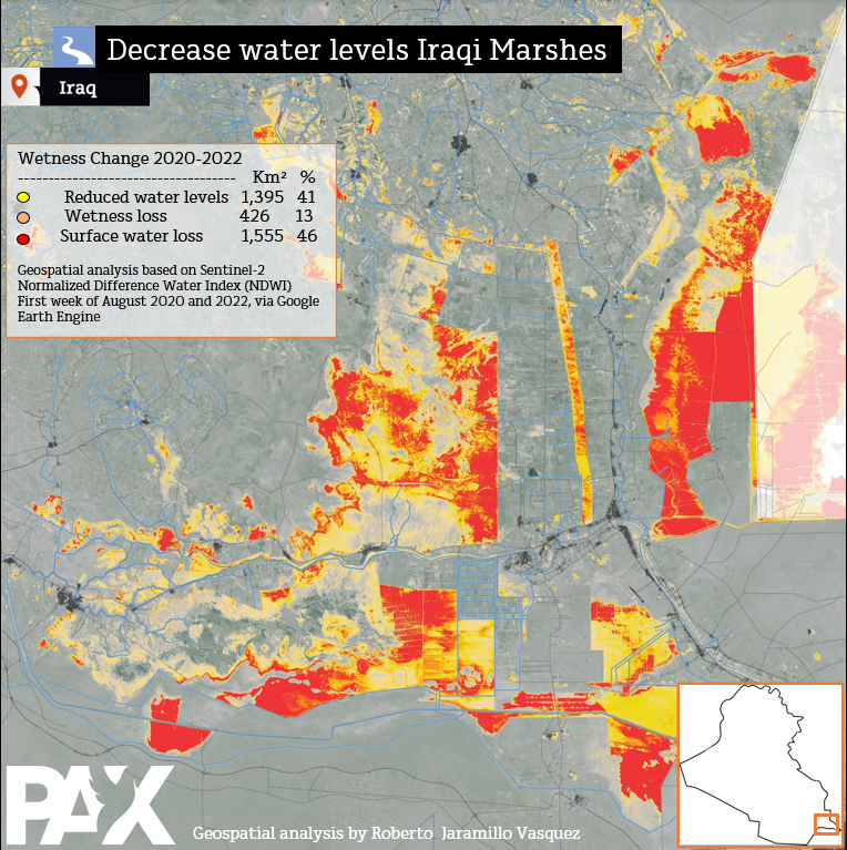 "Iraq's Garden of Eden now 'like a desert'. Insightful article by <a href="/AFP/">AFP News Agency</a> on how the drought in Iraq are getting worse each summer, affecting the unique Marshes and its communities.  <a href="/PAXforpeace/">PAX for peace</a> provided #remotesensing analysis of the water loss. 

france24.com/en/live-news/2…