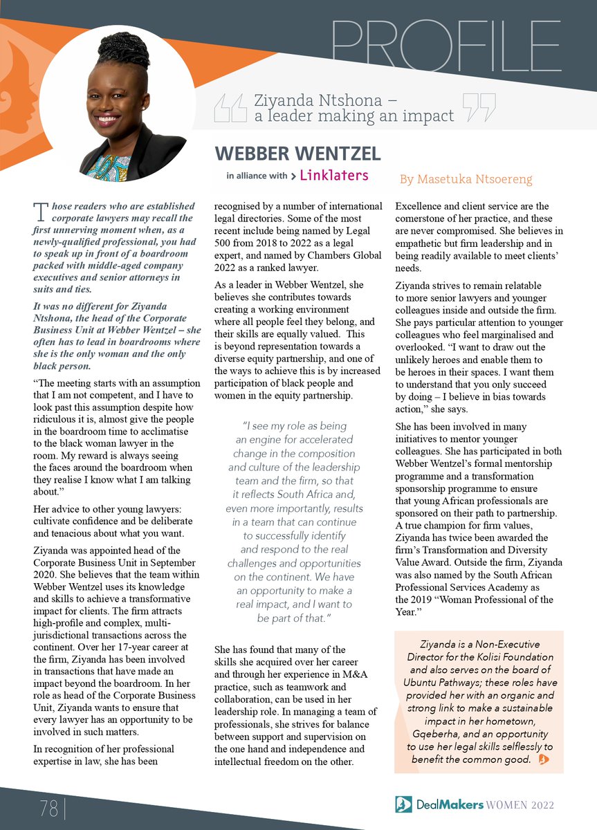 webberwentzel's tweet photo. As a leader in Webber Wentzel, Ziyanda believes she contributes towards creating a working environment where all people feel they belong, and their skills are equally valued.

Ziyanda Ntshona is a leader making an impact, writes @seilatsatsi: https://t.co/anttoHDpTI

#Leadership https://t.co/nRXnLmLhQm