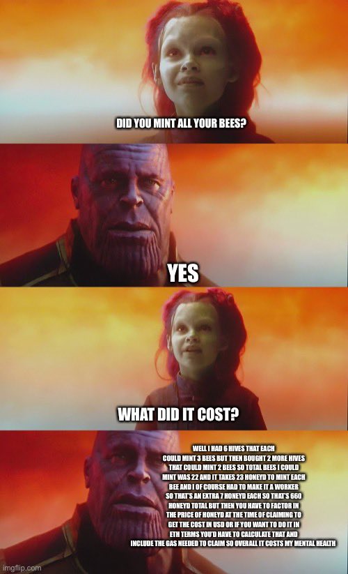 bees_deluxe's tweet image. Those who listened to @bluerock2001 in the OG tokenomics channel 💀#MintBees #FollowBees #FollowBlue