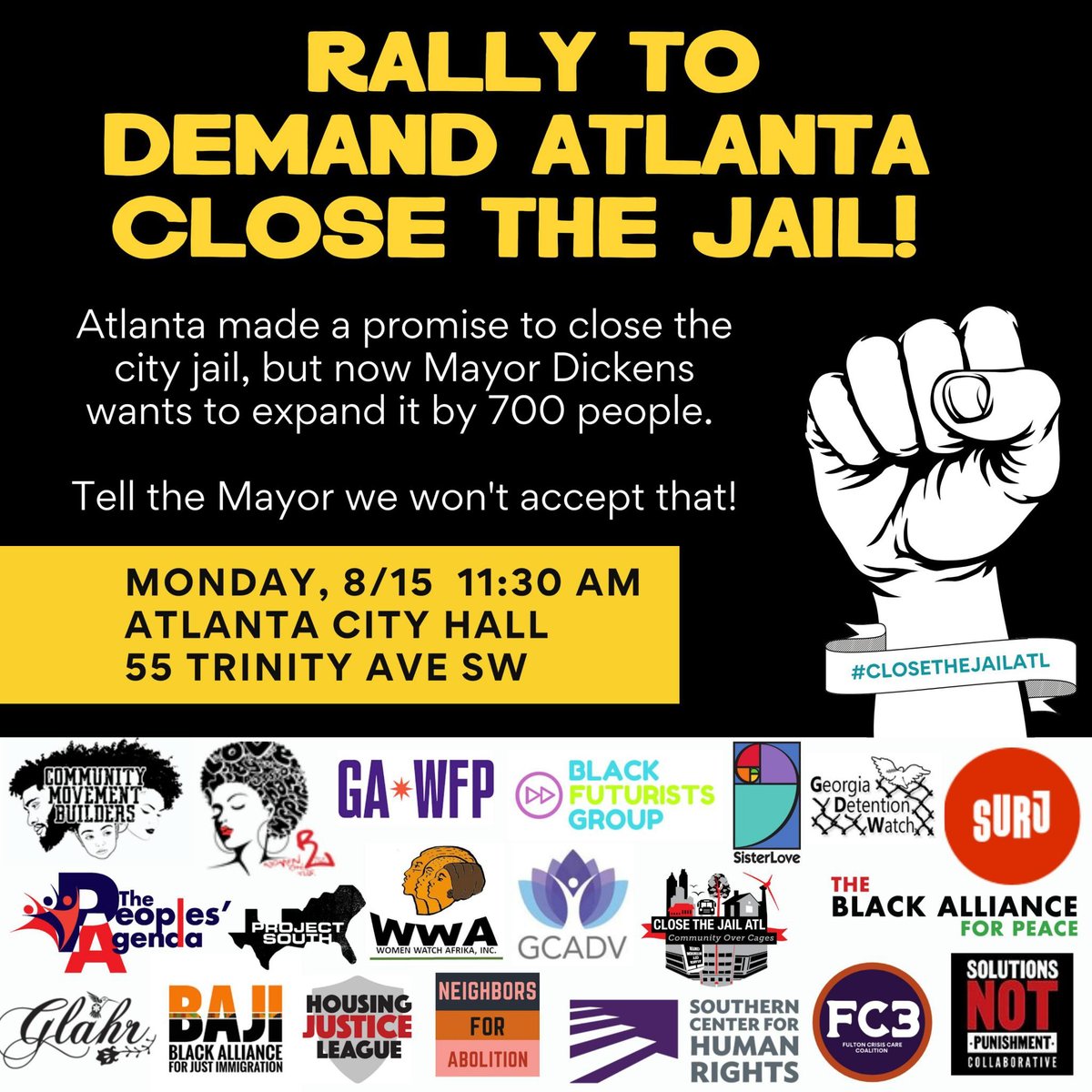 gcadv's tweet photo. GCADV stands together with our partners #CloseTheJailATL to oppose recently introduced legislation to lease part of the Atlanta City Detention Center to Fulton County. 
Rally TODAY! Atlanta City Hall at 11:30AM, 55 Trinity Avenue, SW, Atlanta, GA 30303
#CommunitiesOverCages https://t.co/pqKs4ZeKiL