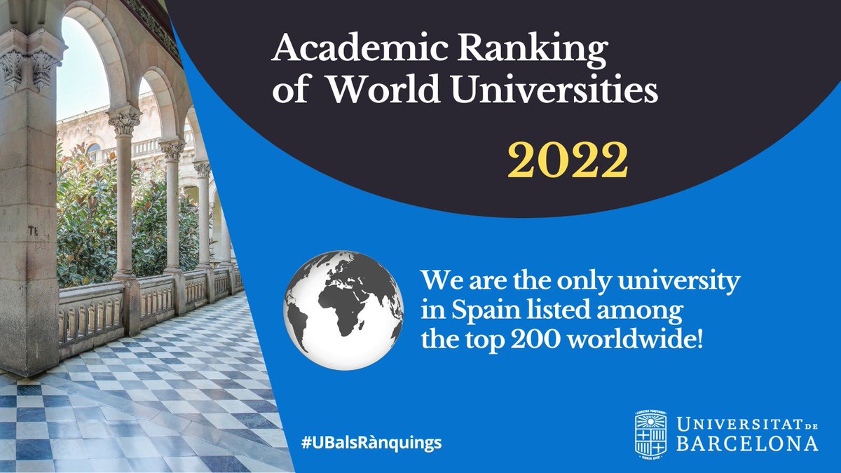 #UniBarcelona | 📈🎖 #ARWU is out and we are leaders! We are the only university in Spain in the 200 best in the world!

The challenge of breaking knowledge barriers to keep building a brighter future remains huge: so does the commitment of our amazing community with that goal!