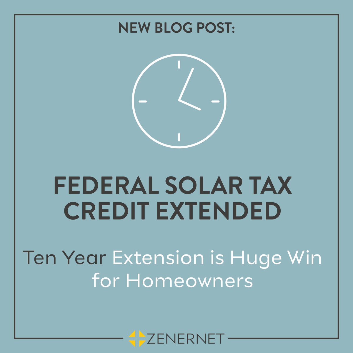 zenernet's tweet photo. A 10-year extension of the solar income tax credit is set to become law when it's signed by the President this week. Read more about this great news for homeowners considering solar on our blog: https://t.co/clRHd1smum https://t.co/TylRiwYEgd