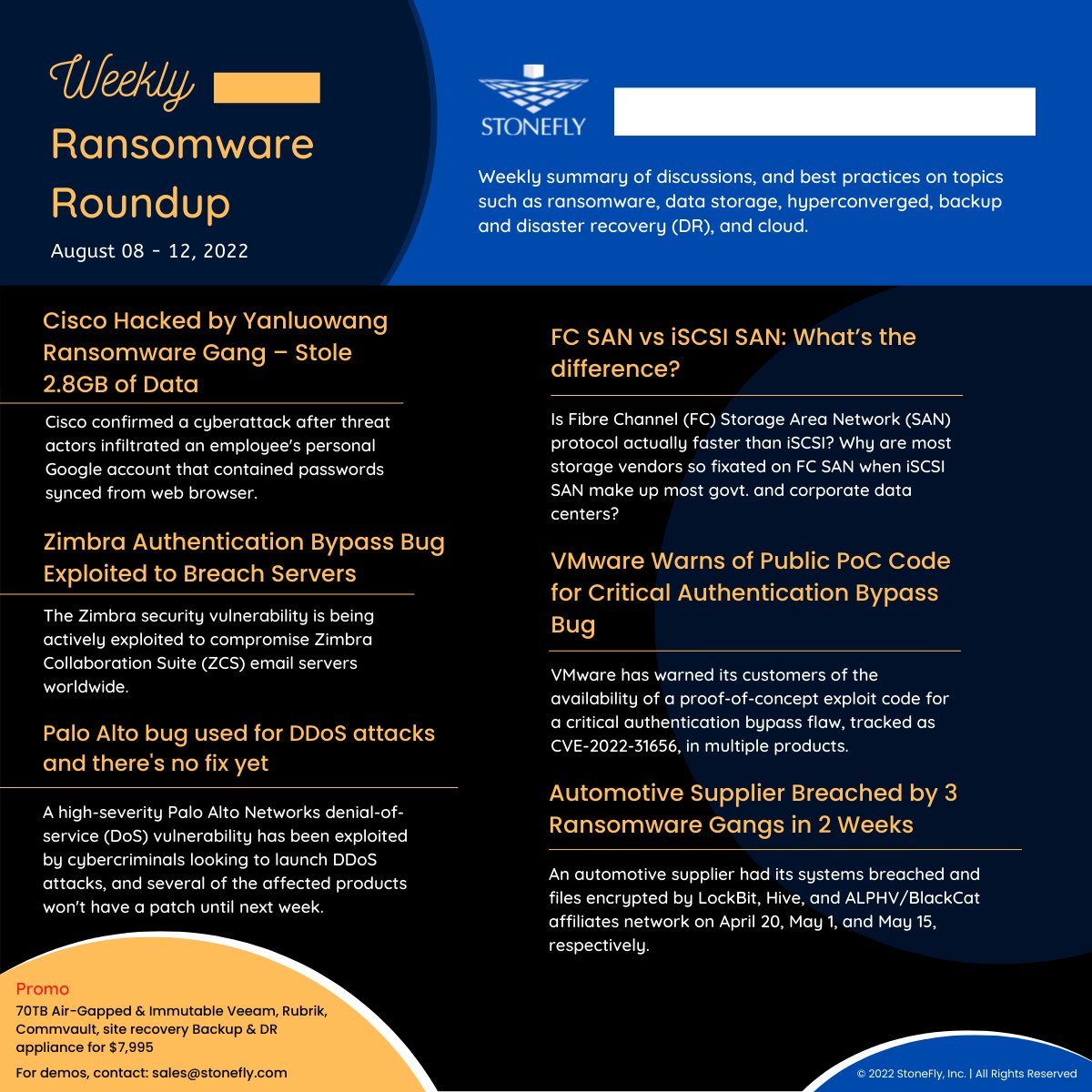 StoneFlyInc's tweet photo. Cisco hacked, Zimbra authentication bypass, Palo Alto bug used for DDoS attacks, VMware warns of critical authentication bypass, and more in this week's ransomware roundup newsletter. For details, visit: https://t.co/zMKNSHEmIl

#Cisco #Zimbra #Paloalto #DDoS #VMware https://t.co/VR6ykh5Lt3