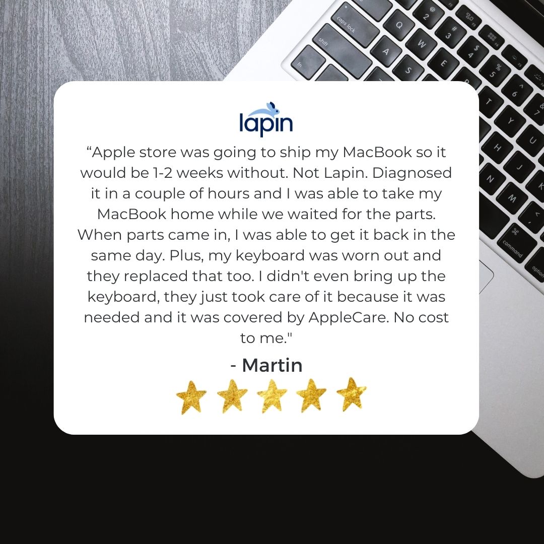 ⭐⭐⭐⭐⭐

Thanks so much for taking the time to leave this review, Martin. Happy to help and glad we could accommodate you!

Need a Mac or PC repair?
📞 312-328-9945
💻 ow.ly/otVf50JUv1G

#lapinsystems #macrepair #pcrepair